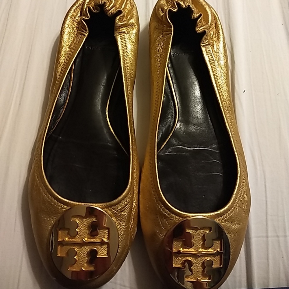 TORY BURCH REVA GOLD LEATHER BALLET FLATS SIZE 8 